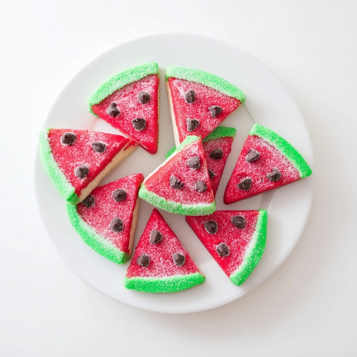 Fresh watermelon slice cookies with red centers, green rinds, and chocolate chip seeds on a white plate.