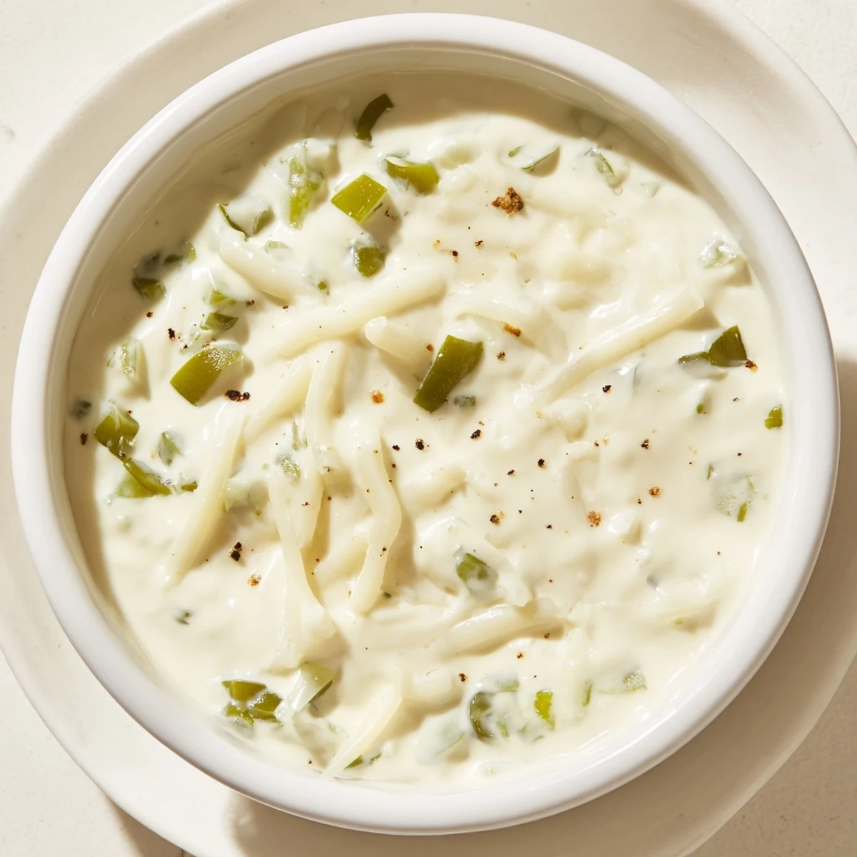 Creamy white queso dip served warm in a bowl with tortilla chips