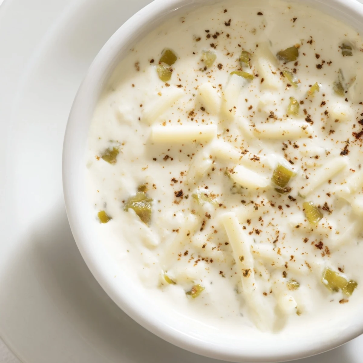 Rich white queso dip with jalapeños and green chilies, ready for dipping