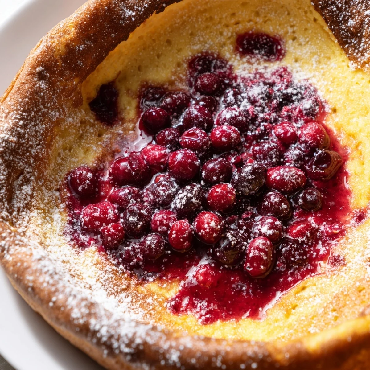 Golden oven-baked Dutch baby pancake topped with vibrant red cranberry compote and powdered sugar dusting