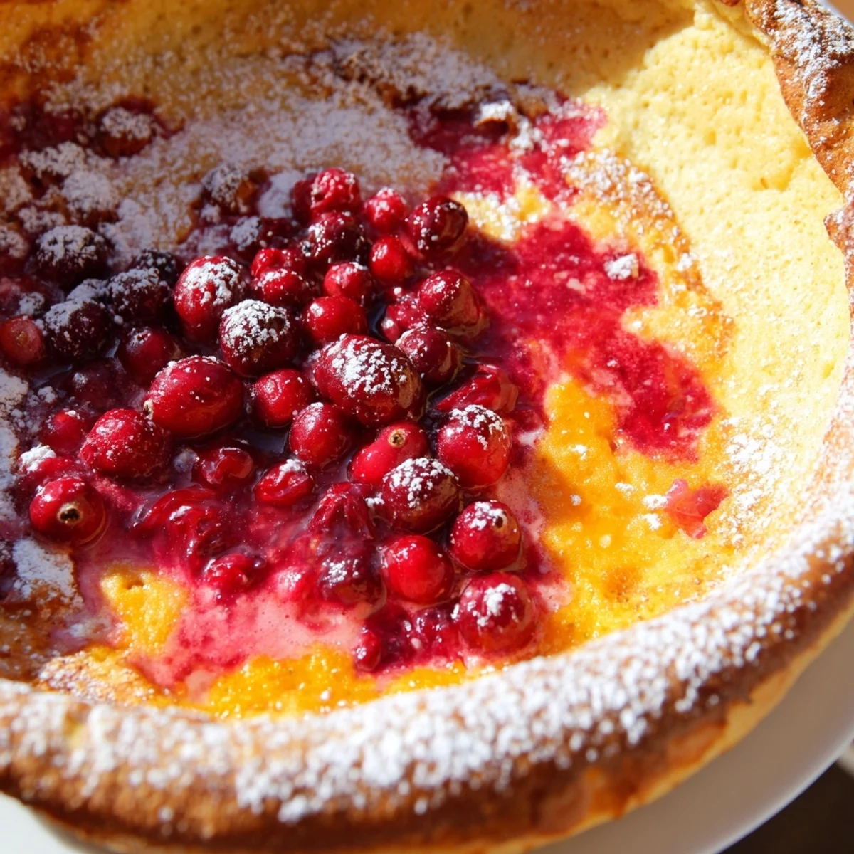 Fluffy puffed Dutch baby with cranberry compote served warm in a cast iron skillet for brunch