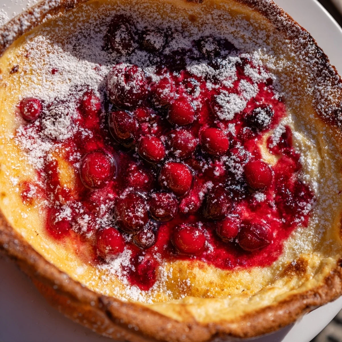 Tangy cranberry compote drizzled over a golden brown Dutch baby pancake sprinkled with powdered sugar