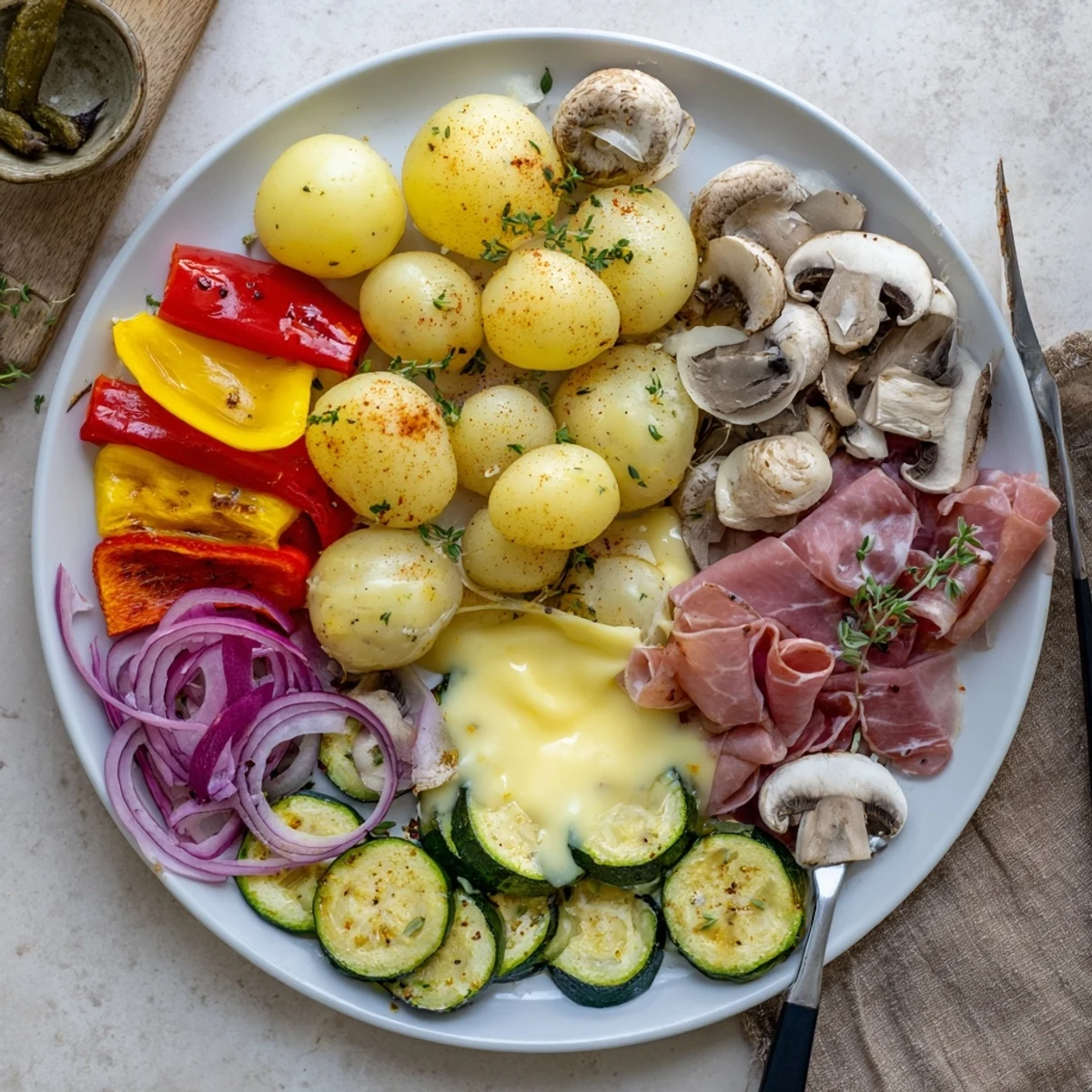 Golden raclette cheese bubbling over roasted potatoes and colorful vegetables on a traditional grill