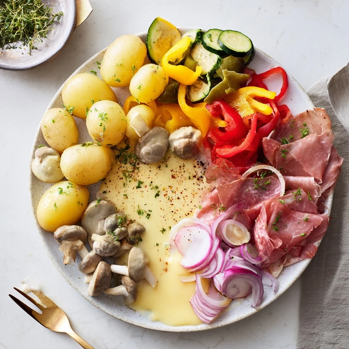 Melted Swiss raclette cheese draped over warm boiled potatoes alongside pickles and sliced bell peppers