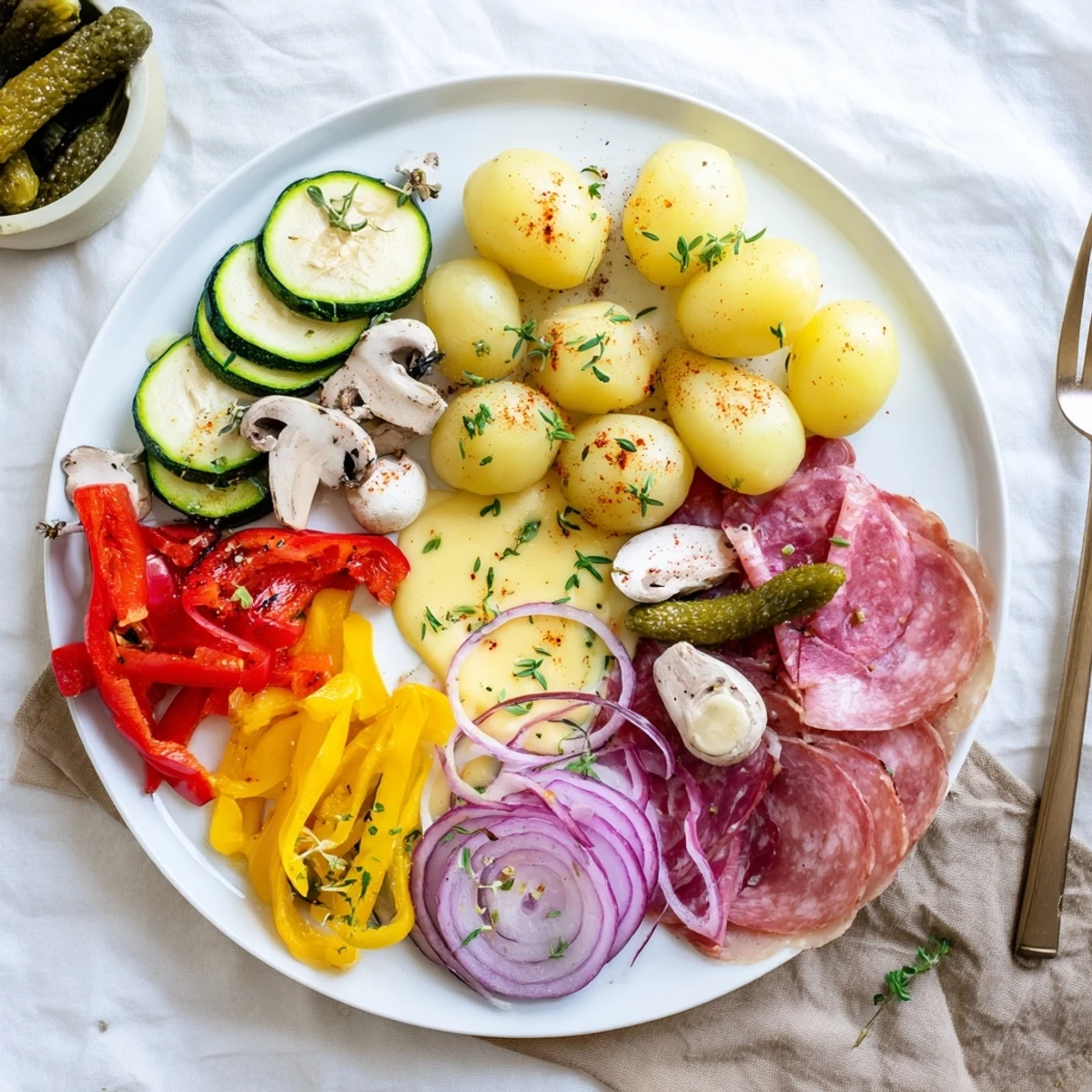 Festive raclette dinner spread featuring melted cheese served with charcuterie and fresh vegetables for guests