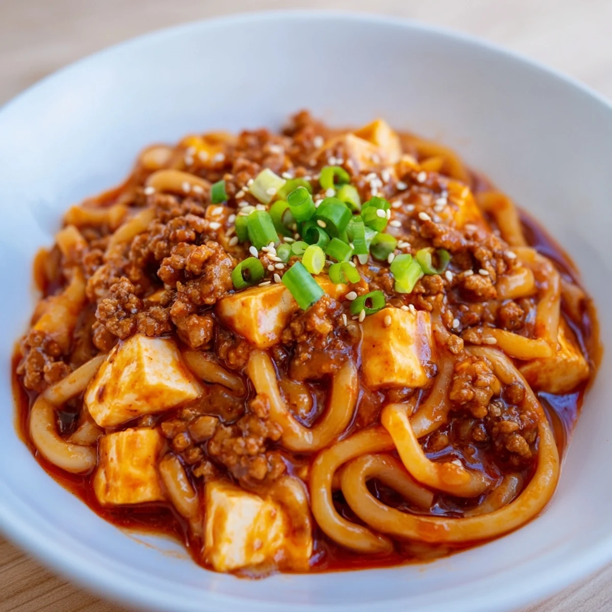 Golden udon noodles smothered in savory Sichuan mapo tofu sauce with soft cubes and aromatic green onions