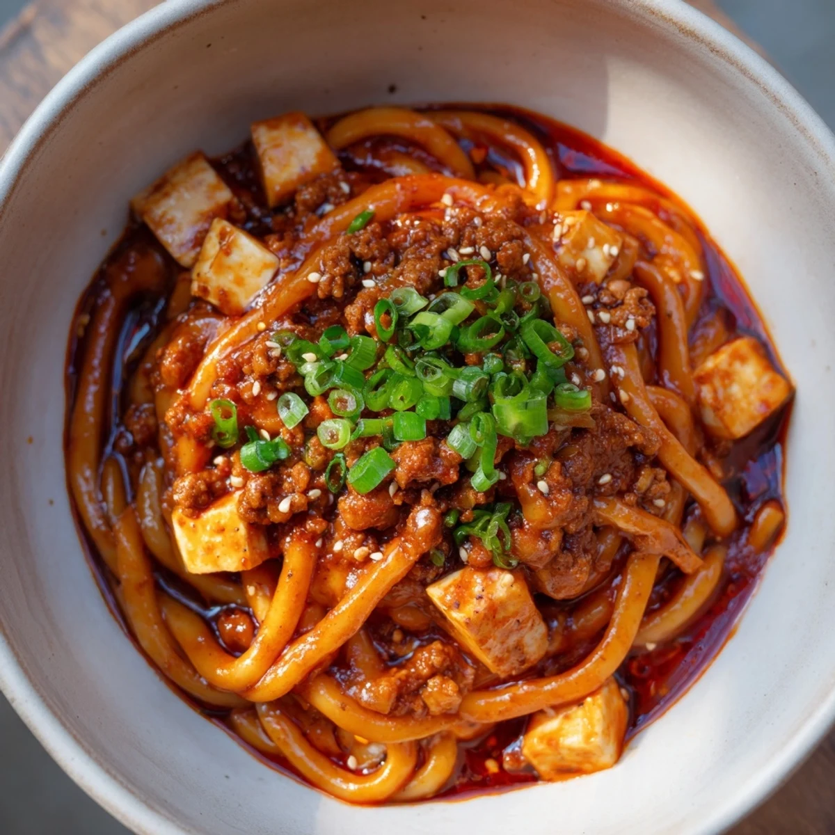 Steaming bowl of mapo tofu udon featuring chewy noodles topped with spicy red sauce and crumbled ground pork