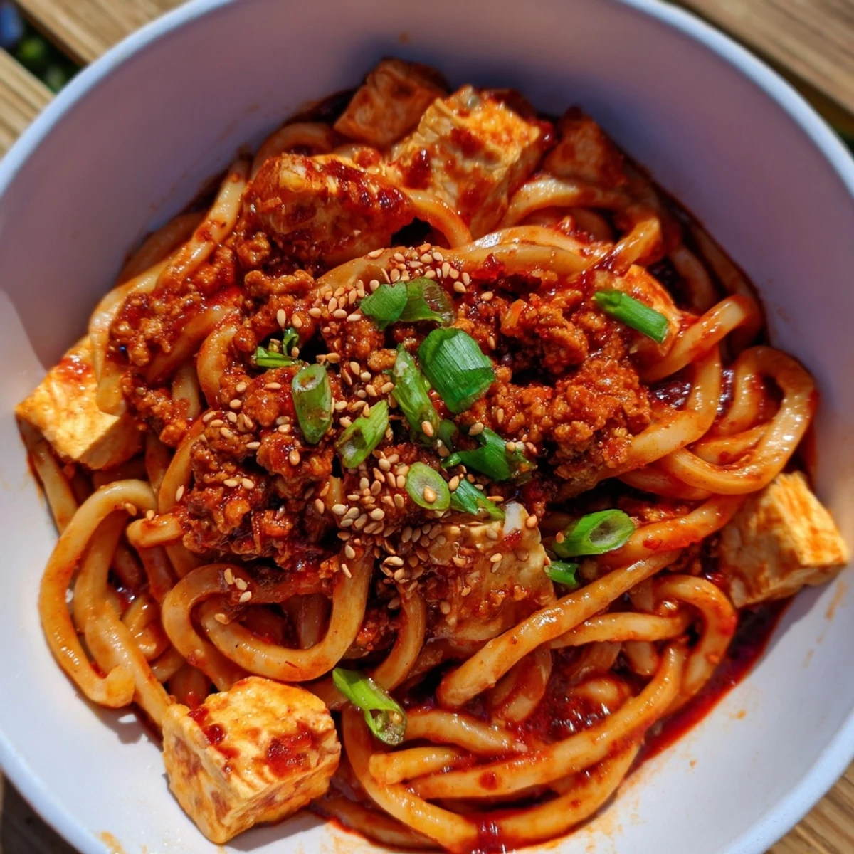 Comforting mapo tofu udon fusion dish with thick spicy sauce coating slippery noodles and tender tofu pieces