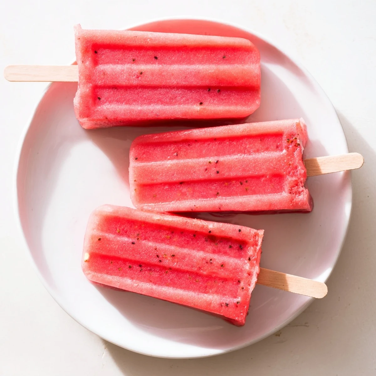 Homemade strawberry watermelon popsicles with vibrant pink swirls and wooden sticks ready for freezing