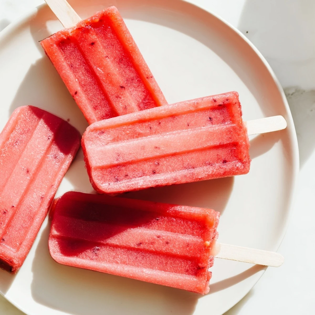 Frozen strawberry watermelon popsicles removed from molds with dripping juice and ripe berry pieces