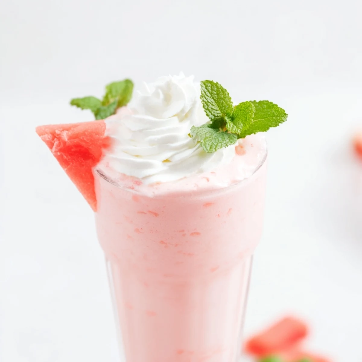 Tall glass of pink watermelon milkshake topped with whipped cream and fresh mint