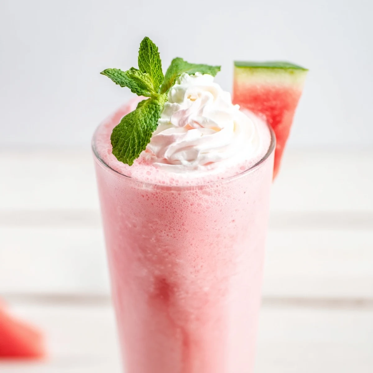 Creamy watermelon milkshake served in chilled glasses with watermelon wedge garnish