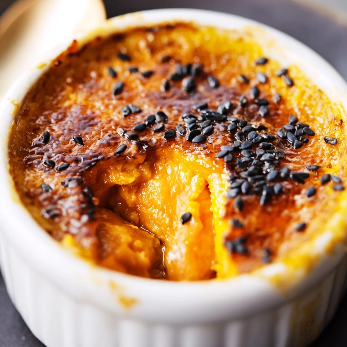 Golden caramelized sugar tops creamy Japanese sweet potato crème brûlée in a white ramekin
