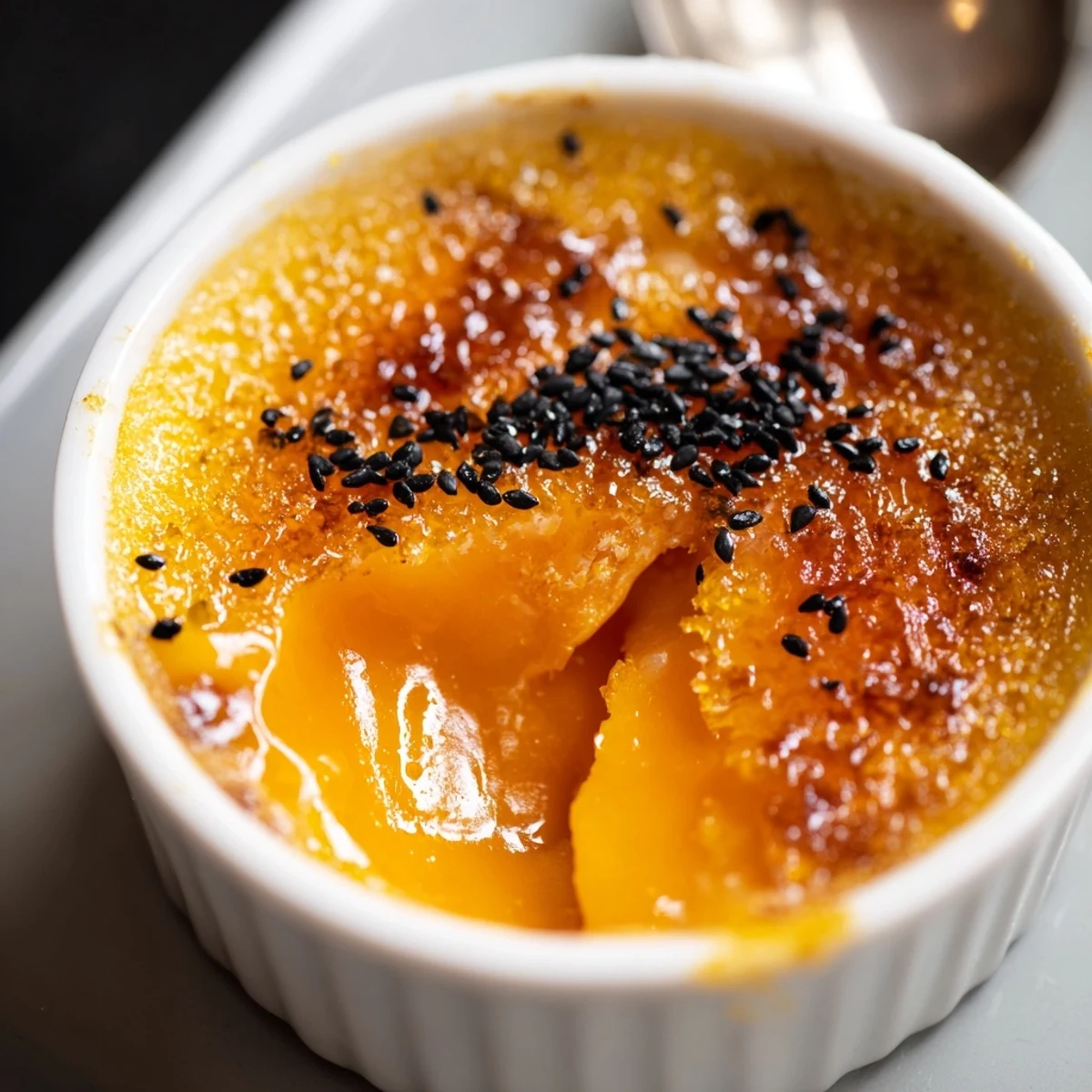 Rich orange custard dessert with cracked burnt sugar layer served on dark plate