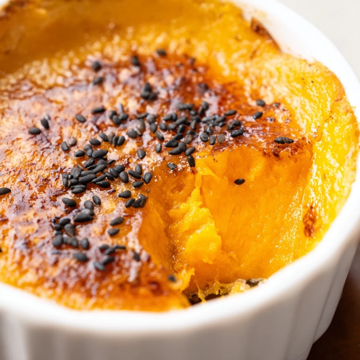 Silky sweet potato crème brûlée displaying glossy caramelized surface and smooth custard interior