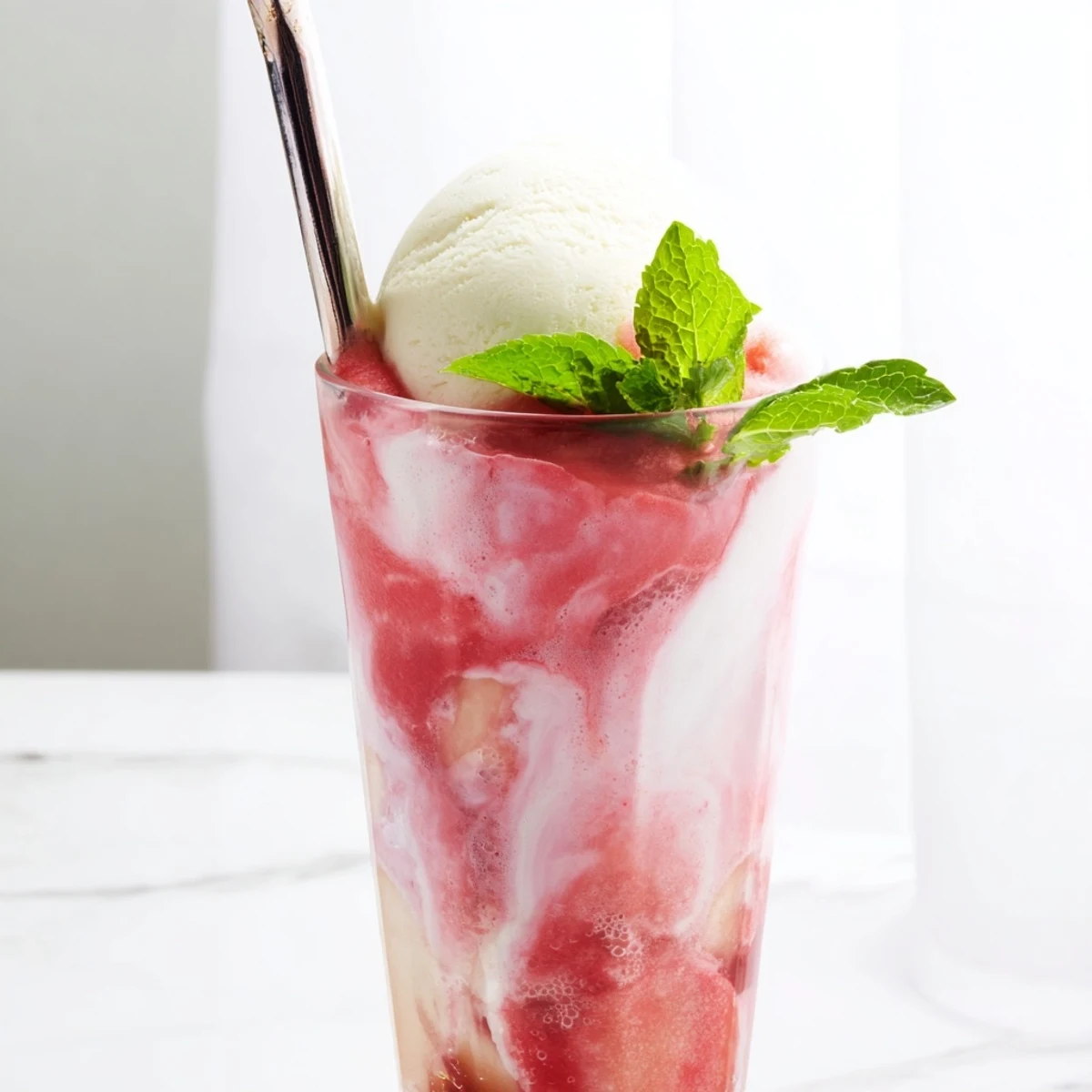 Tropical summer dessert drink combining sweet mango watermelon base with fizzy soda and ice cream garnish