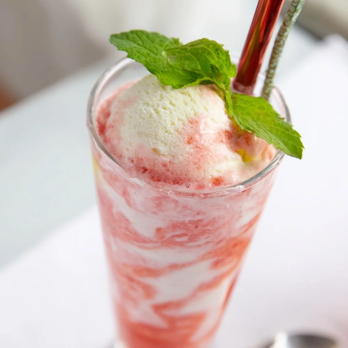 Tall glass layered with chilled watermelon mango mixture topped with melting vanilla scoop and fresh mint