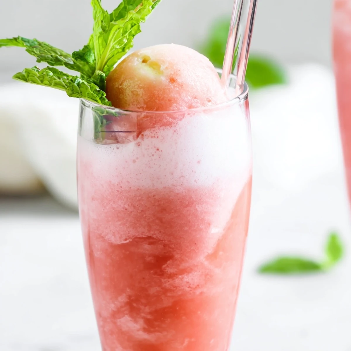 Tall glasses layered with blended watermelon puree creamy vanilla ice cream and sparkling soda