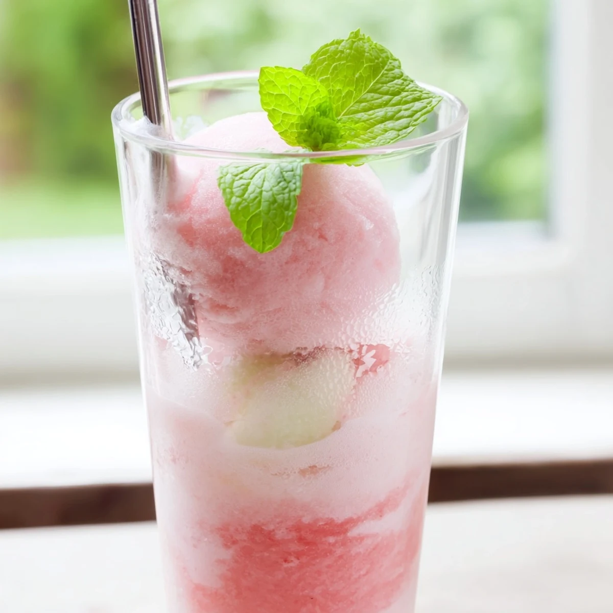 Refreshing watermelon ice cream floats with vanilla scoops topped with fizzy lemon-lime soda