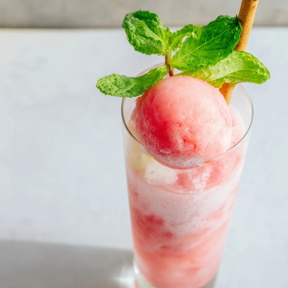 Summer watermelon ice cream floats garnished with fresh mint in chilled glass beverages