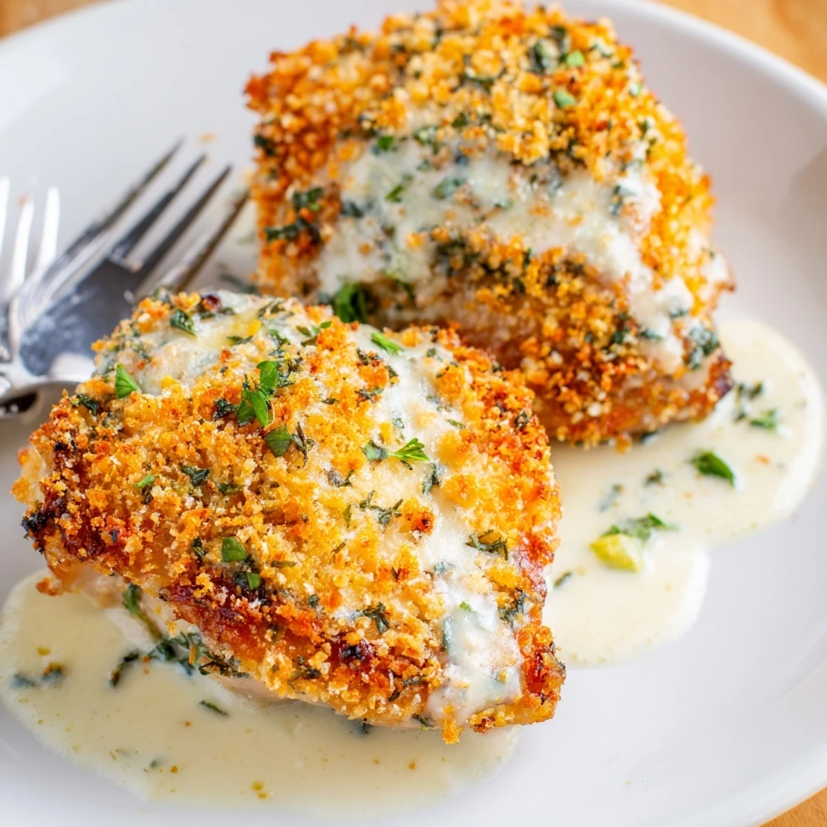 Oven-baked Golden Herb Crusted Chicken Thighs In Creamy Garlic Sauce, silky cream