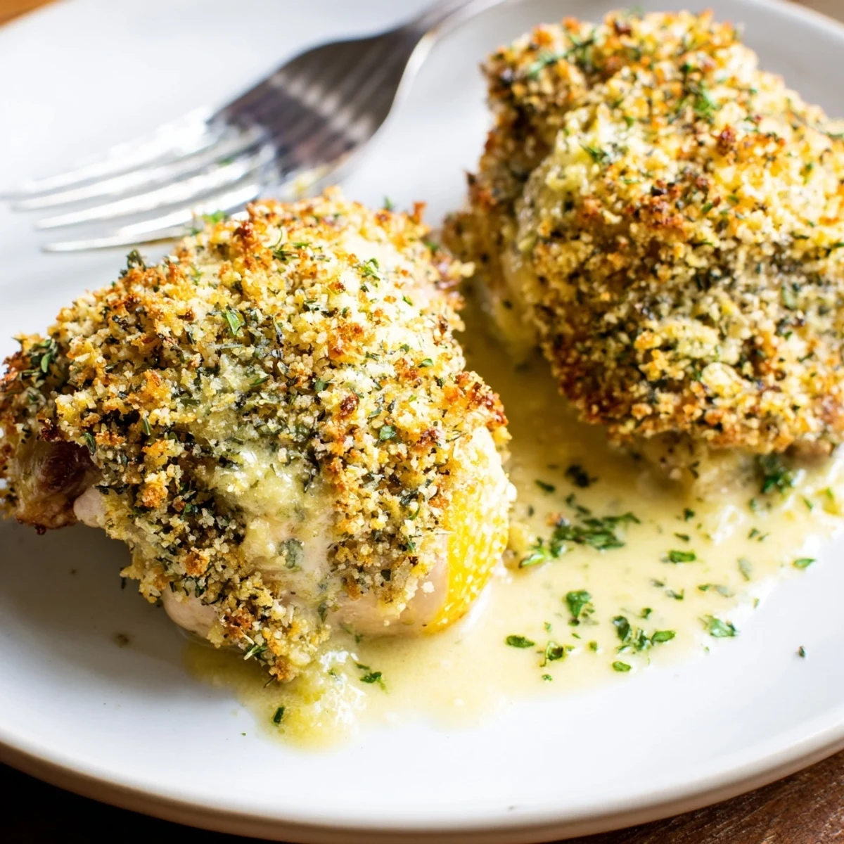 Golden Herb Crusted Chicken Thighs In Creamy Garlic Sauce over mashed potatoes