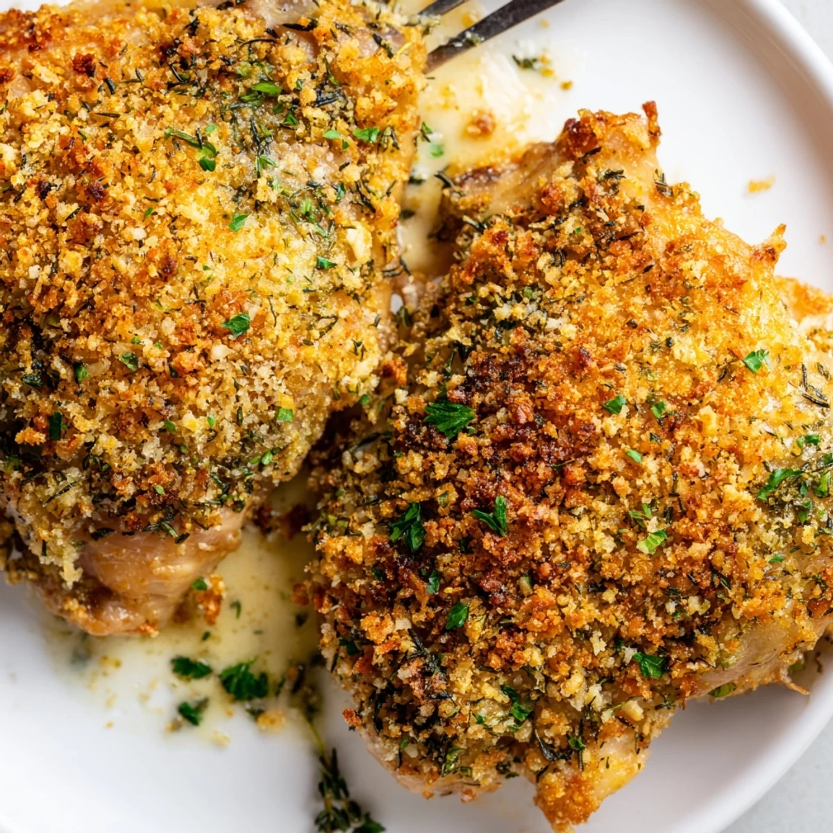 Golden Herb Crusted Chicken Thighs In Creamy Garlic Sauce, fragrant herbs and lemon