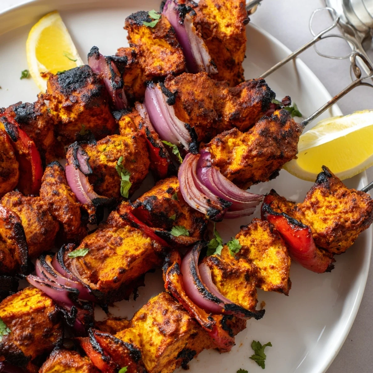 Tandoori Chicken Tikka Skewers sizzling with charred edges, garnished with lemon.