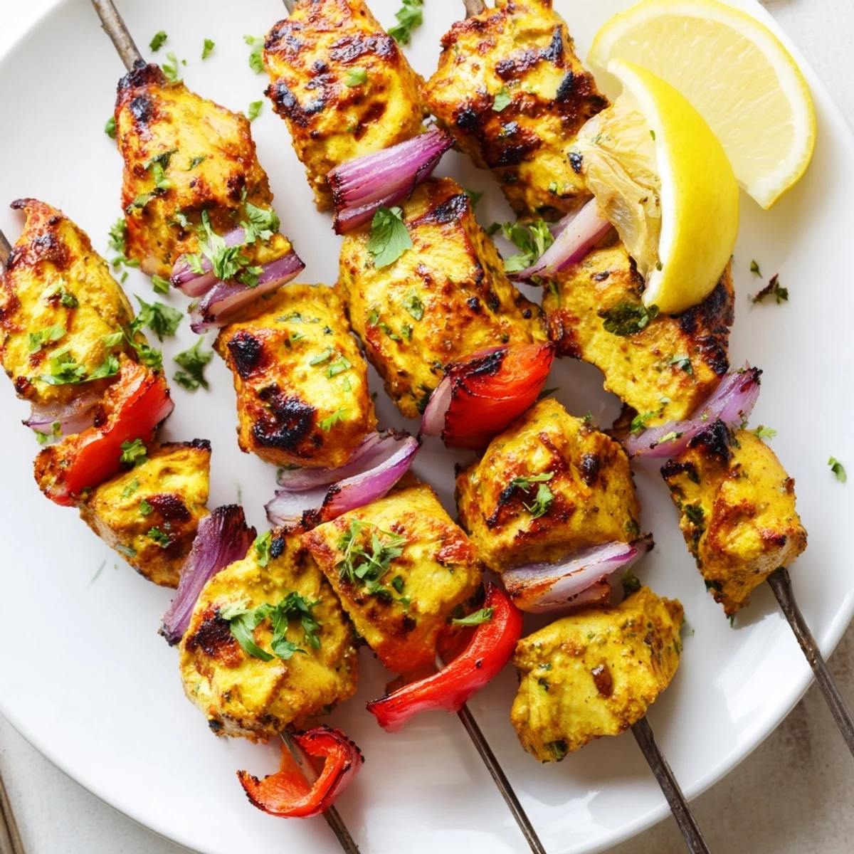 Smoky Tandoori Chicken Tikka Skewers brushed with ghee, served with mint chutney.
