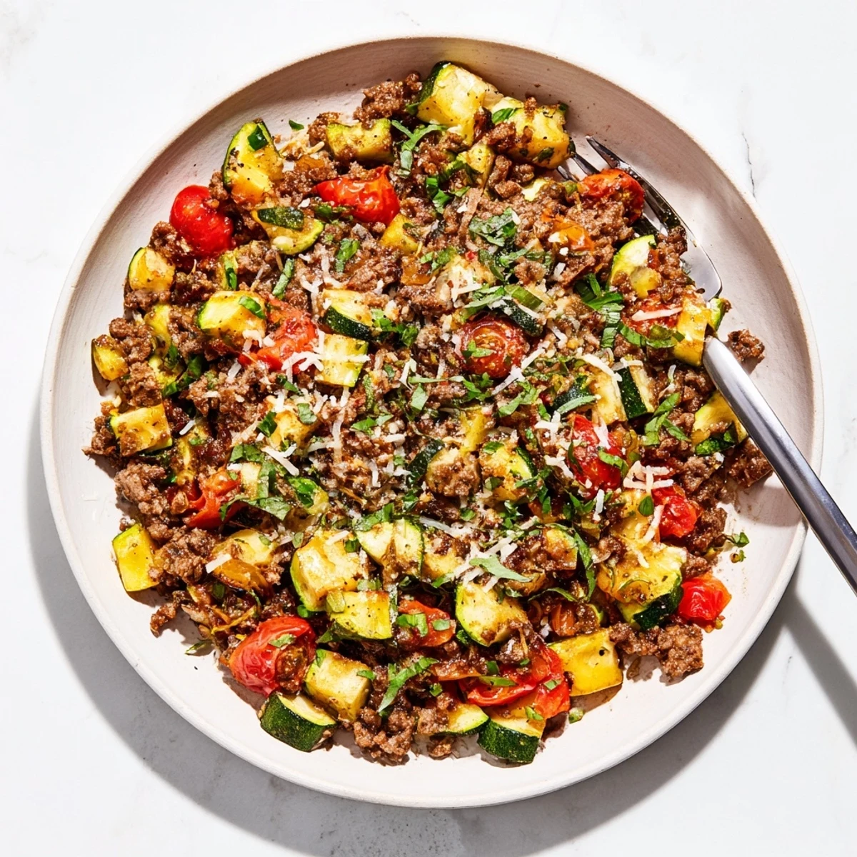 Hearty ground beef zucchini skillet featuring tender vegetables and melted parmesan cheese in a cast iron pan