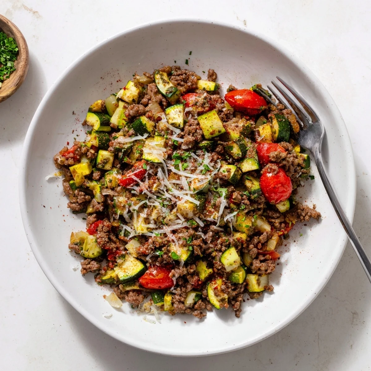 One-pan ground beef zucchini skillet with colorful bell peppers and cherry tomatoes simmered with aromatic herbs