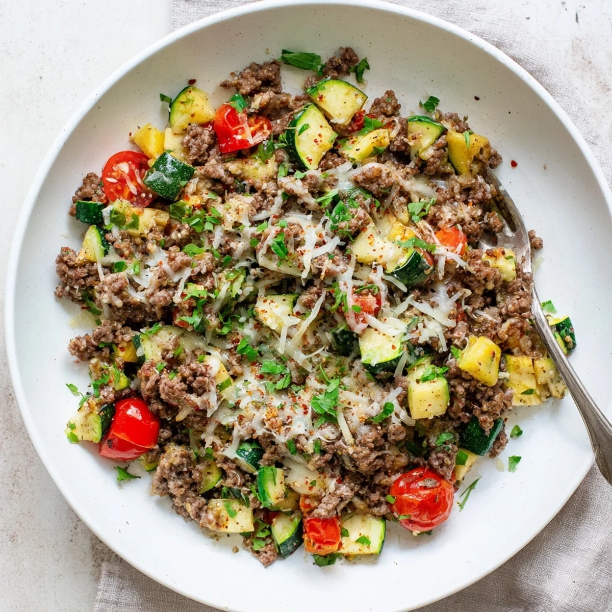 Savory ground beef zucchini skillet served hot with fresh parsley garnish and gooey melted cheese topping