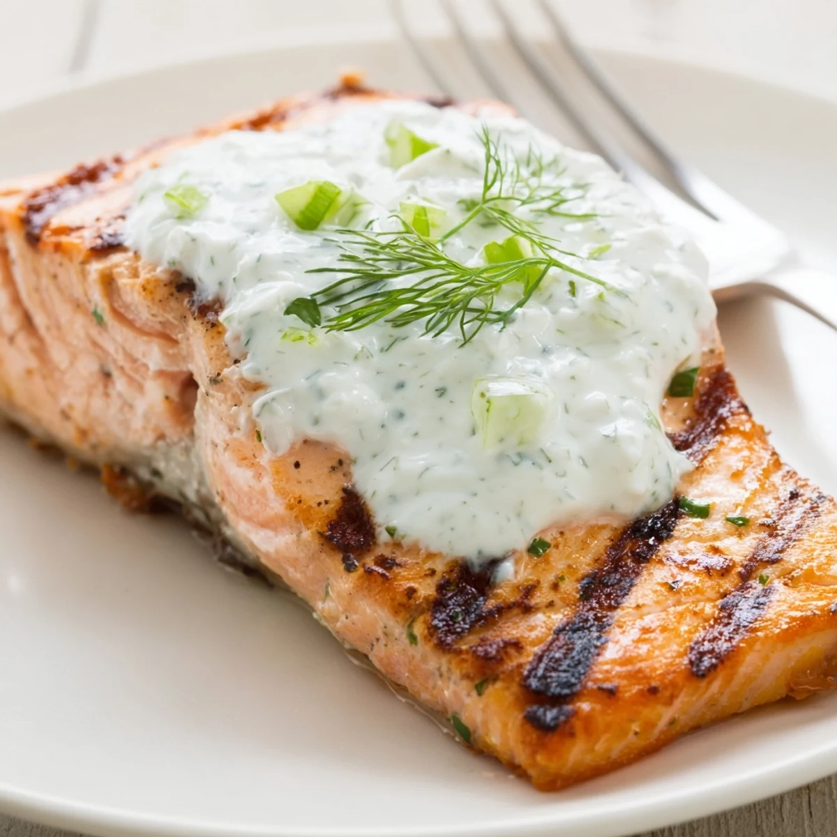 Fresh lemon herb salmon plated alongside cool yogurt cucumber sauce with dill and chives