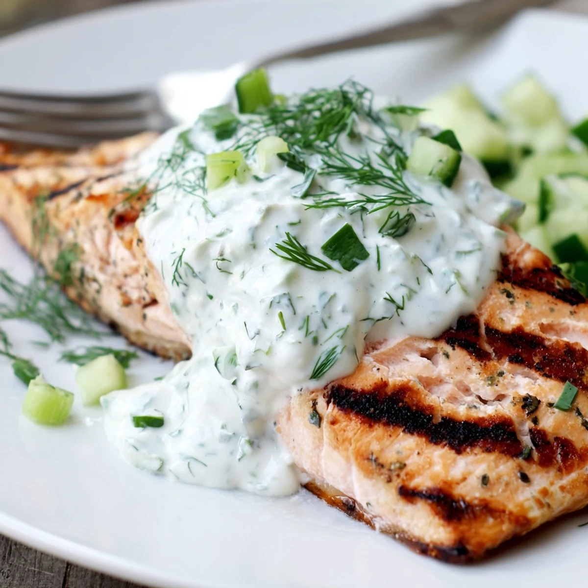 Perfectly grilled salmon with bright citrus herbs topped with refreshing cucumber dill yogurt sauce