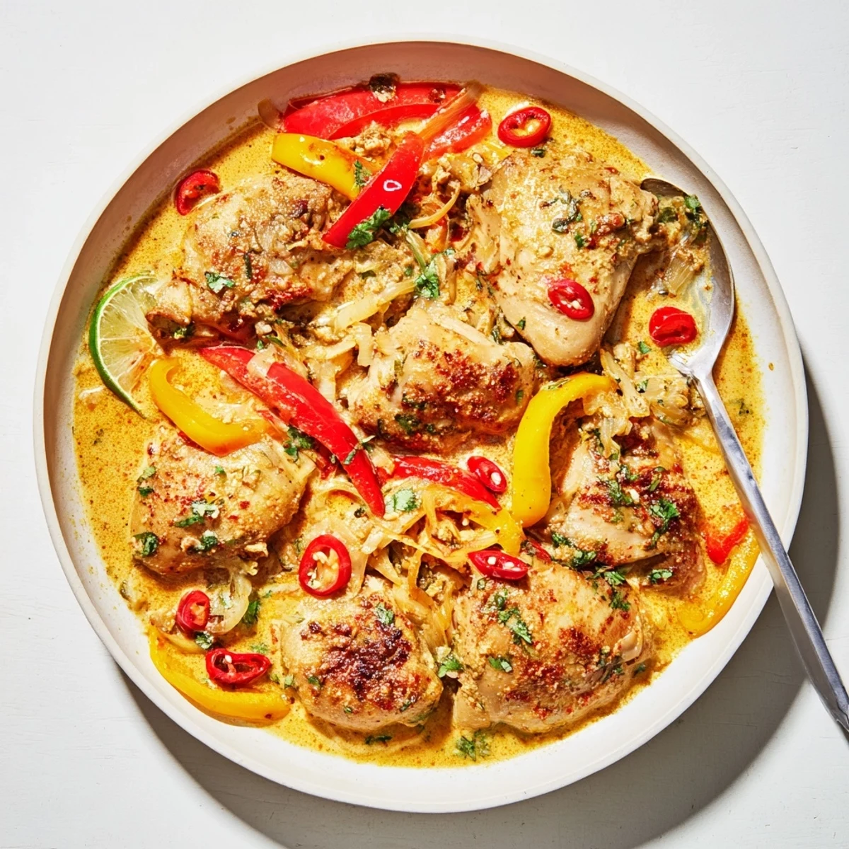 Tender spicy Brazilian coconut chicken simmers in an aromatic white sauce with vibrant red and yellow peppers.