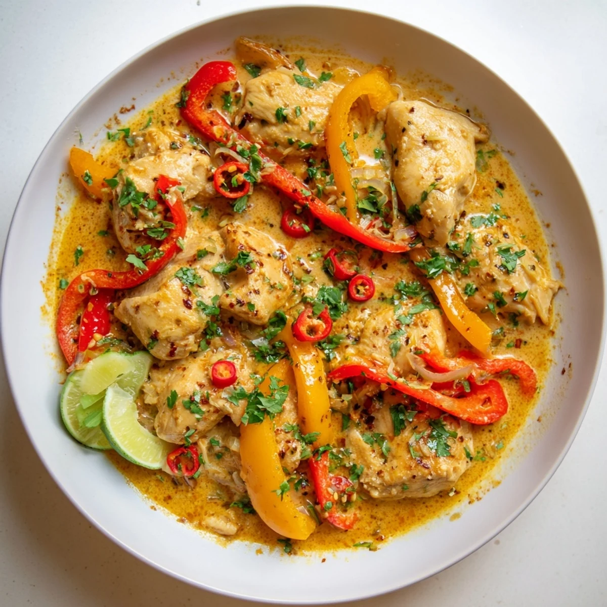 Golden chicken pieces swim in a rich, creamy coconut sauce flecked with colorful bell pepper slices.