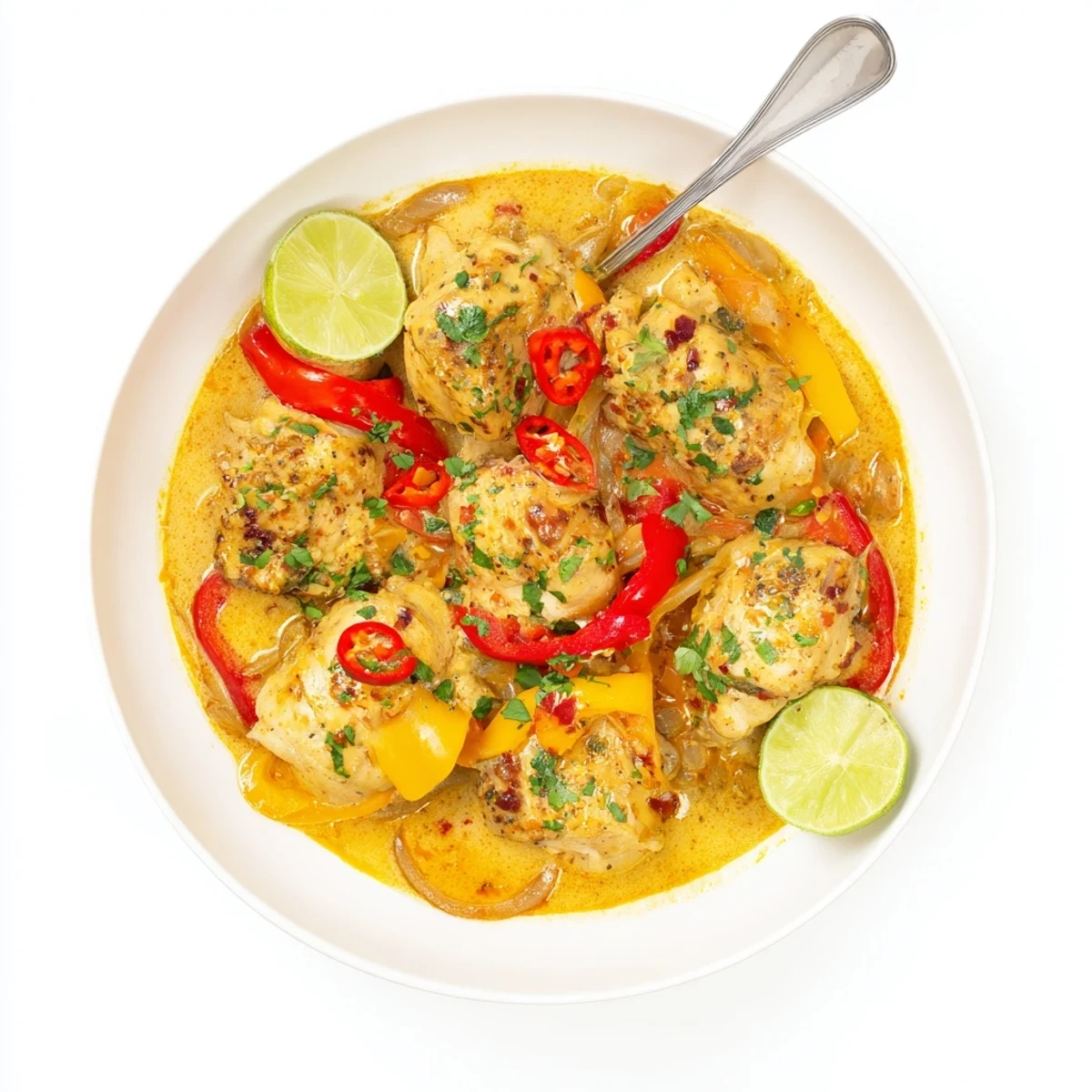 Creamy coconut curry-style chicken dish garnished with fresh cilantro and lime wedges on a white serving plate.
