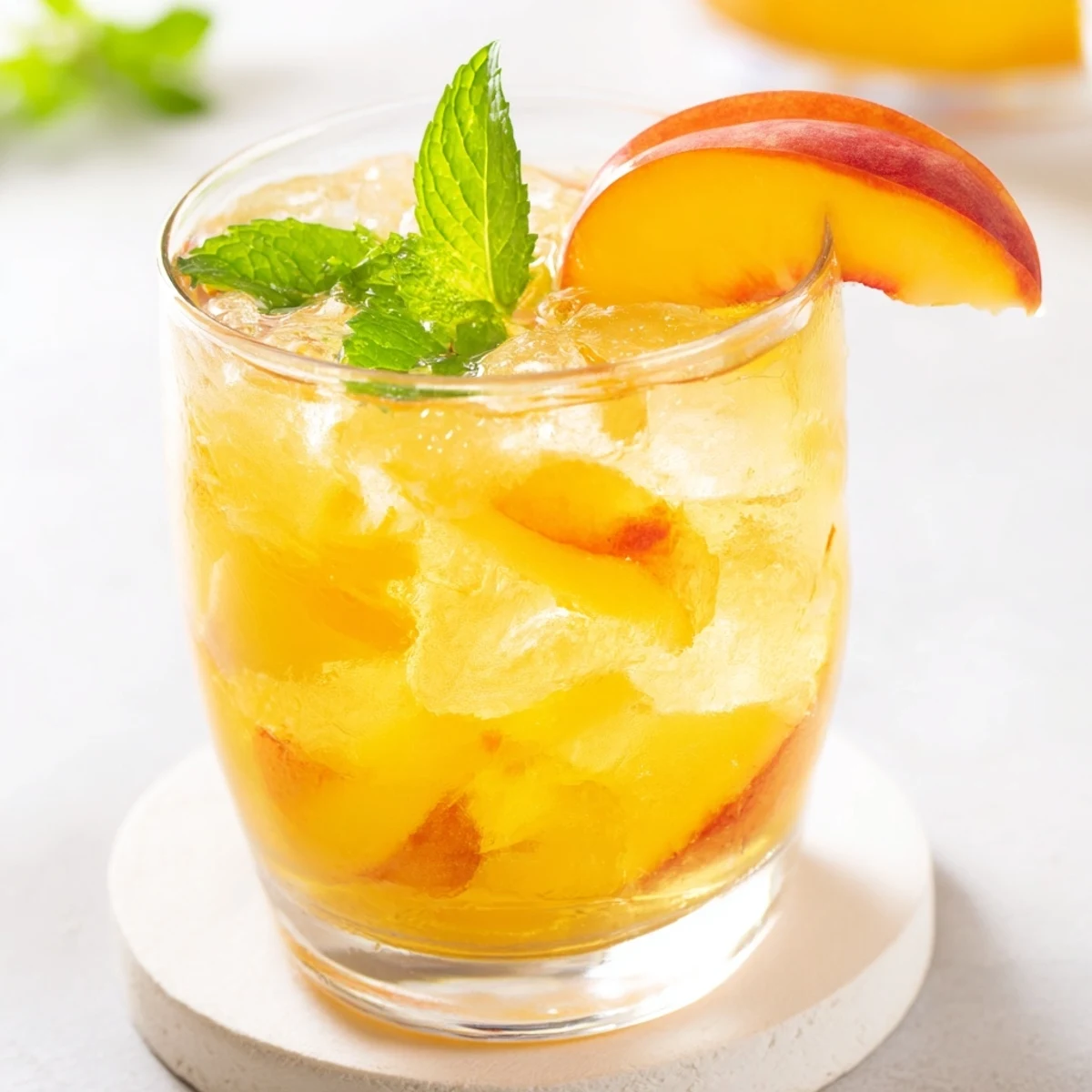 Golden fresh peach lemonade drink served in a mason jar with ice cubes and floating peach slices