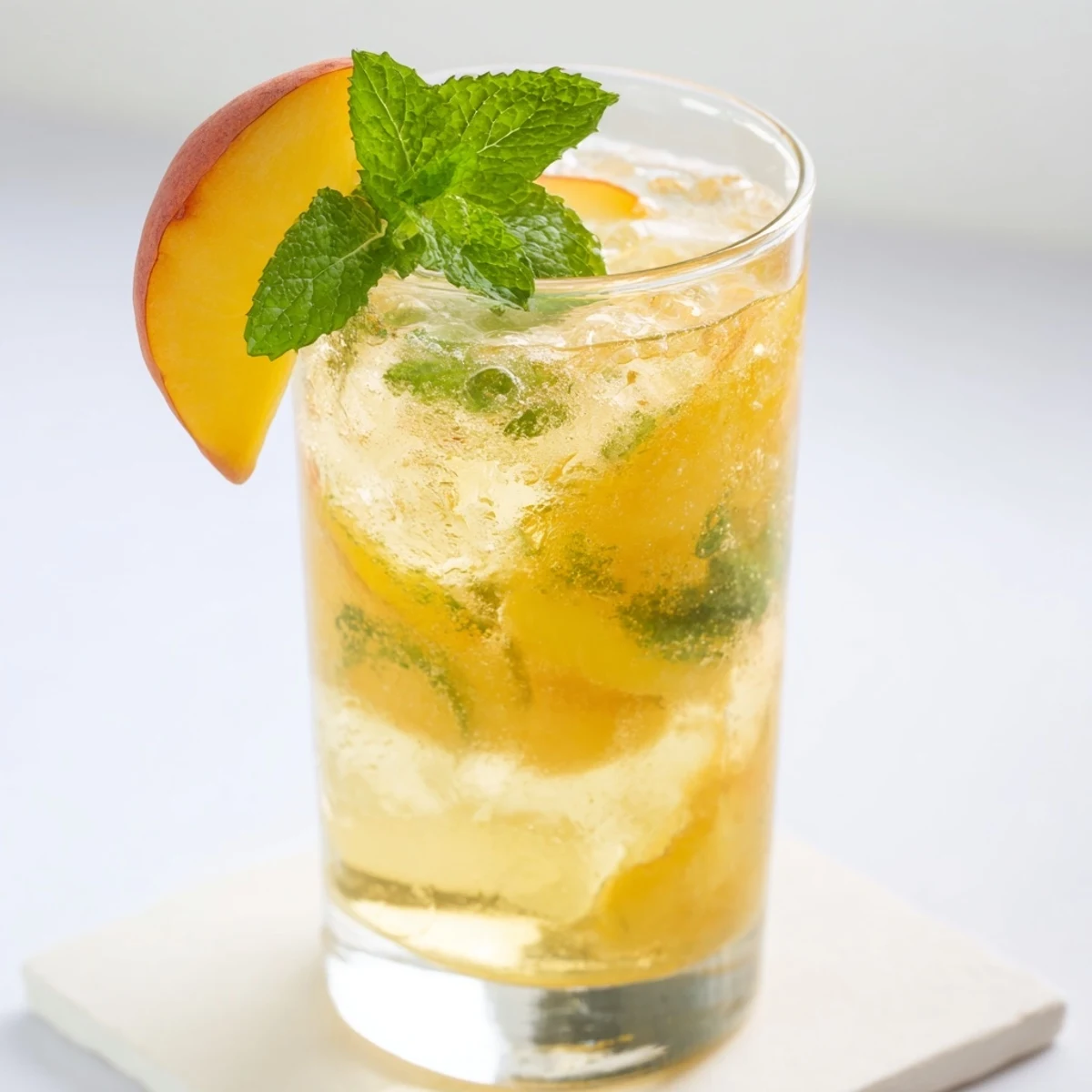 Tall glass of refreshing fresh peach lemonade drink garnished with mint leaves and lemon wheels on a wooden table