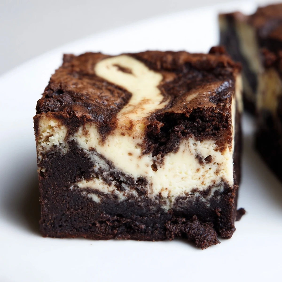 Sliced rectangular dessert bars showing rich dark brownie swirled with tangy vanilla cheesecake topping