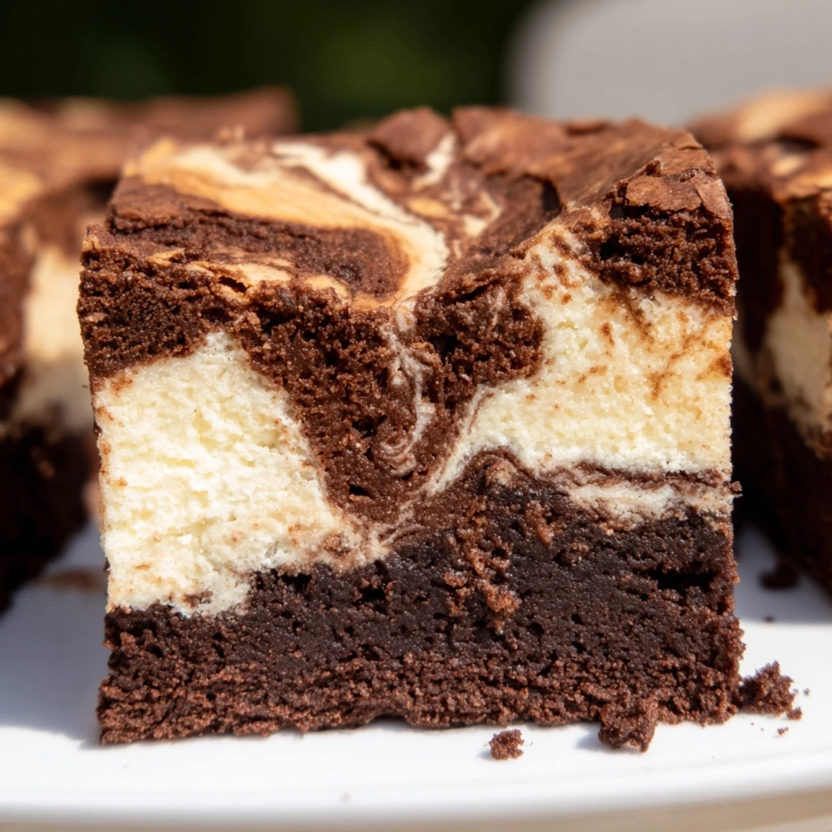 Homemade sourdough cheesecake brownie bars arranged on a serving plate with clean edges and marbled pattern