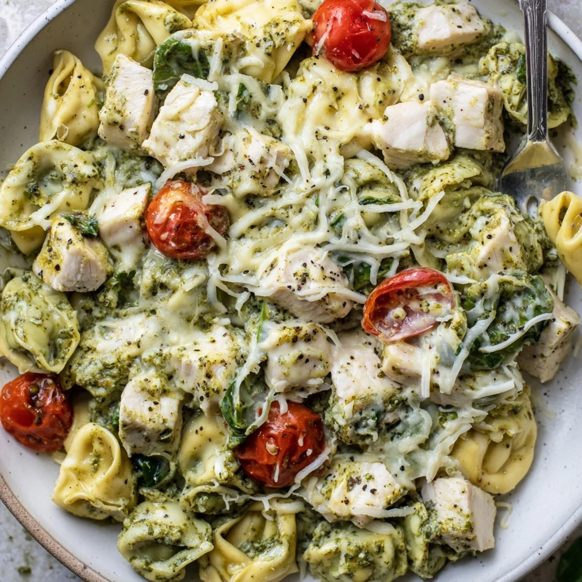 Slow Cooker Tortellini Casserole With Cheesy Chicken Pesto bubbling, golden melted cheese topping.