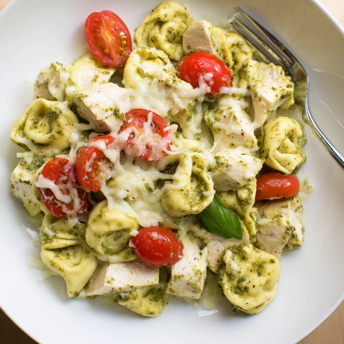 Creamy Slow Cooker Tortellini Casserole With Cheesy Chicken Pesto served warm with crusty bread.