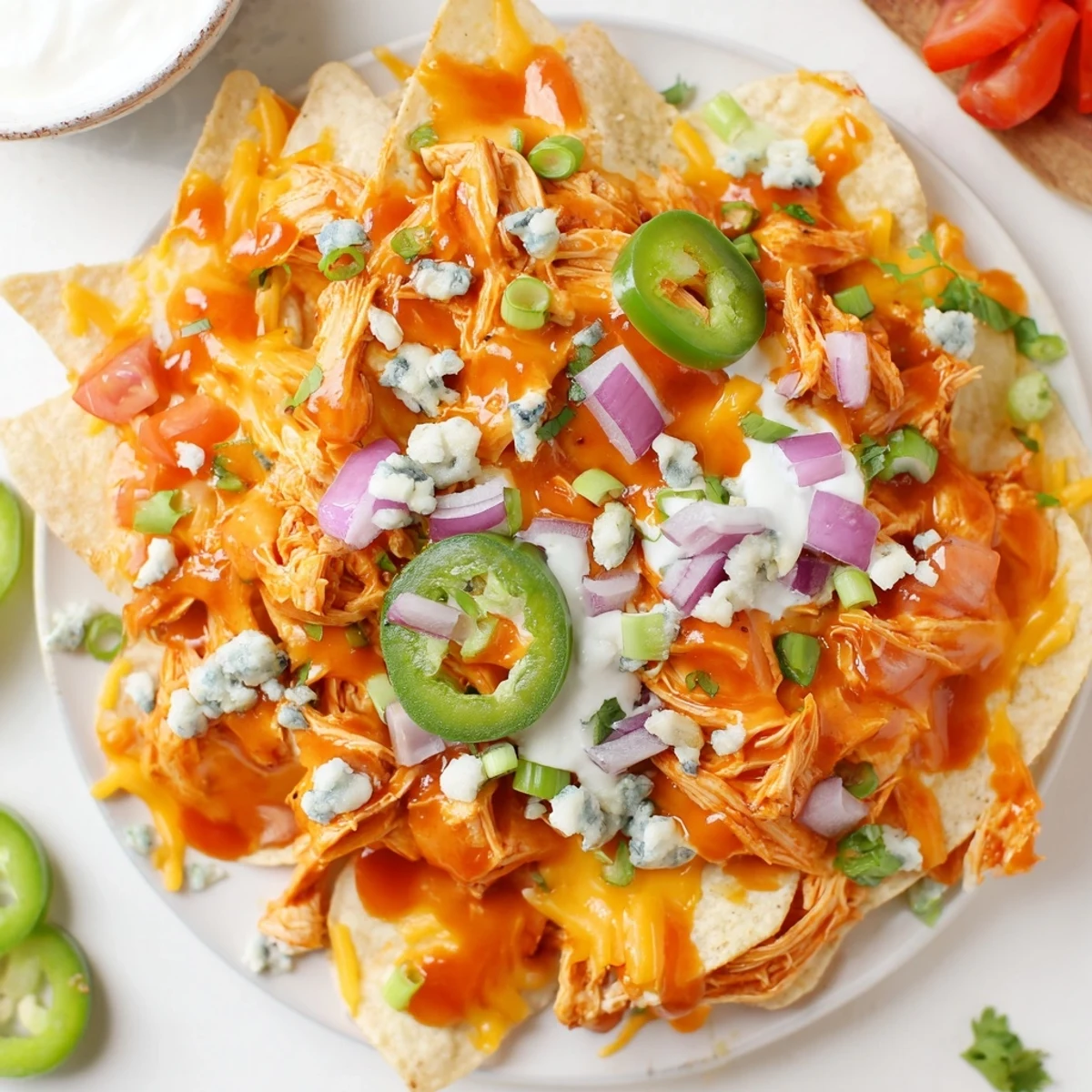 Crispy Buffalo Chicken Nachos piled with melty cheese and spicy sauce