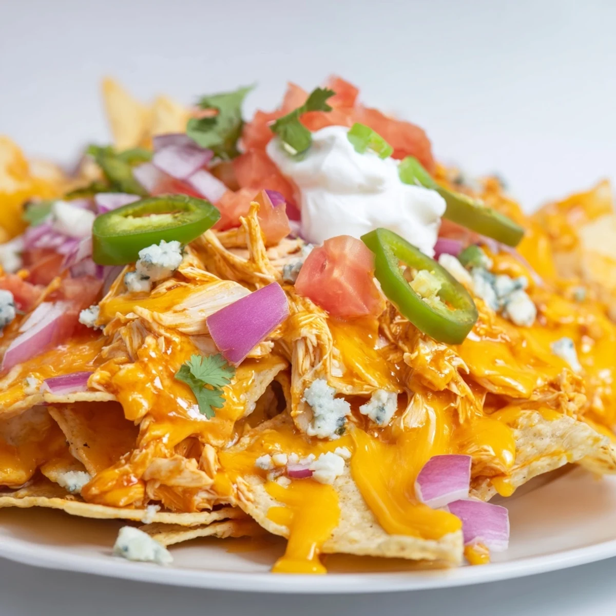 Oven-baked Buffalo Chicken Nachos topped with blue cheese, tomatoes, and cilantro