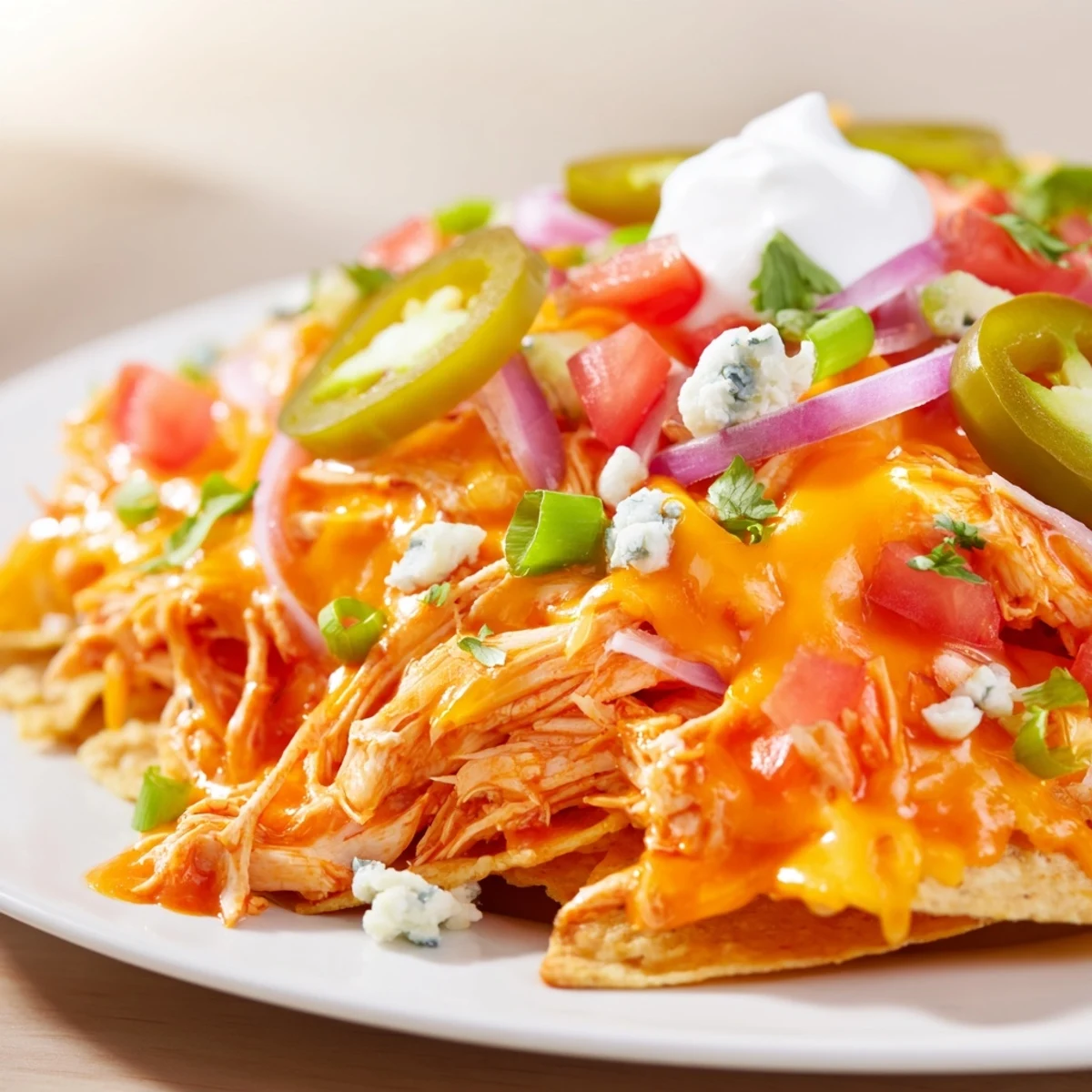 Game-day Buffalo Chicken Nachos hot, crunchy chips layered with spicy shredded chicken