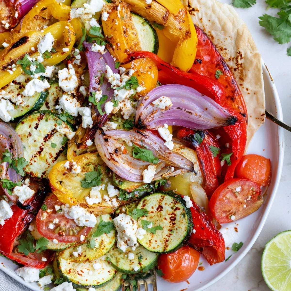 Tajin Feta Sheet Pan Fajitas sizzling with charred peppers, crumbled feta, lime