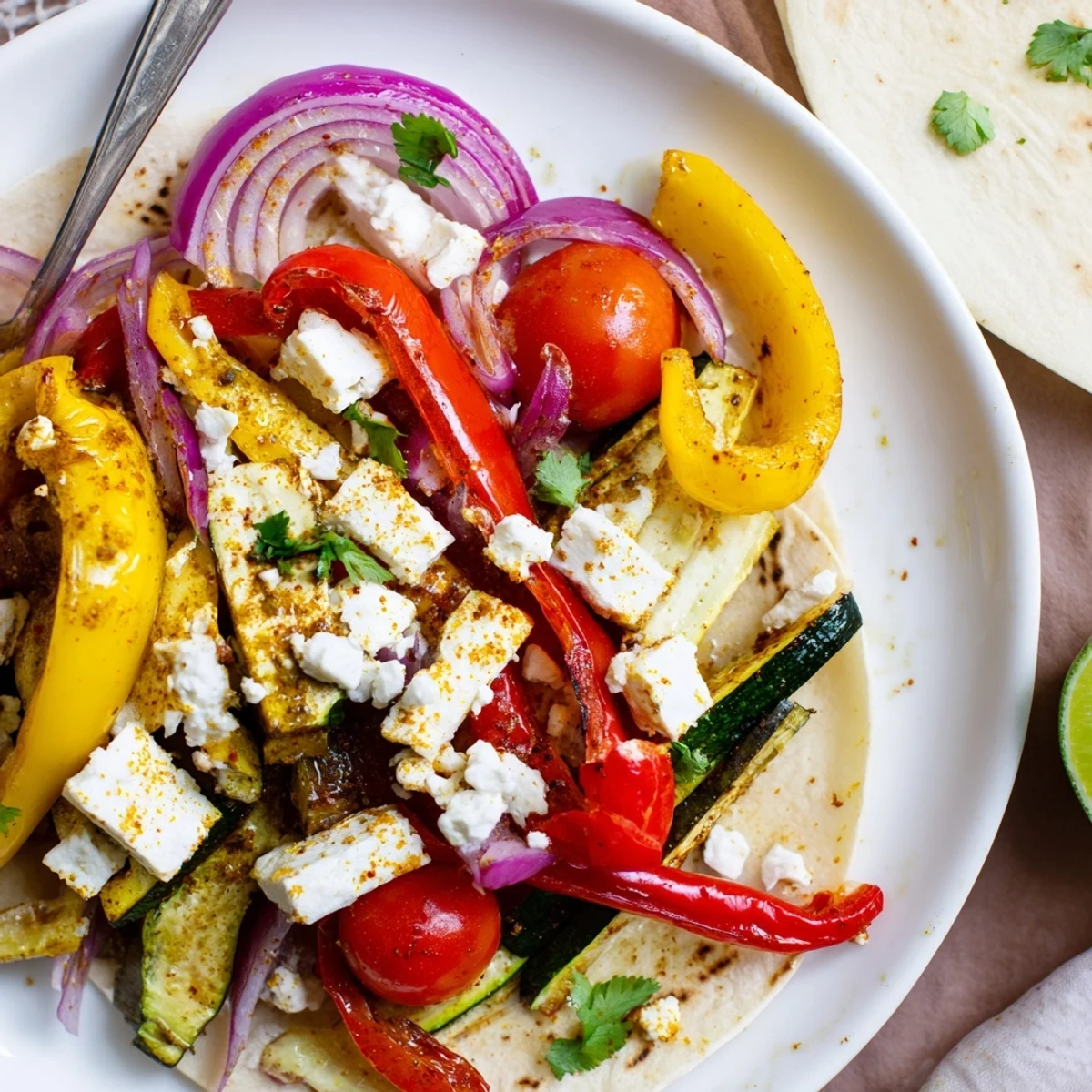 Roasted Tajin Feta Sheet Pan Fajitas piled on warm tortillas, cilantro and lime