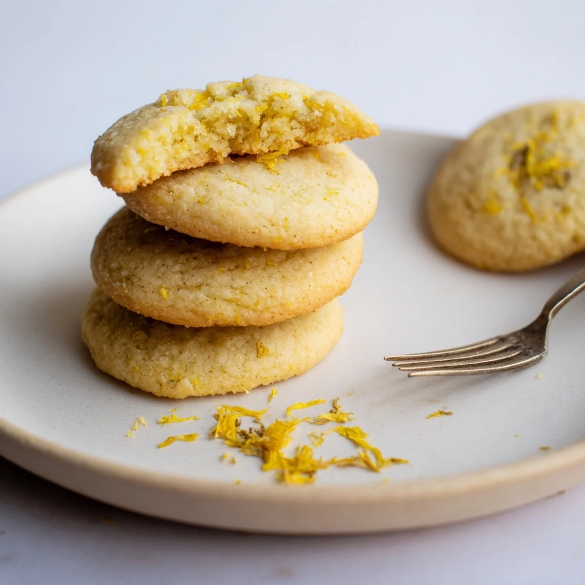 Close up of golden Magical Dandelion Cookies Recipe studded with bright yellow petals
