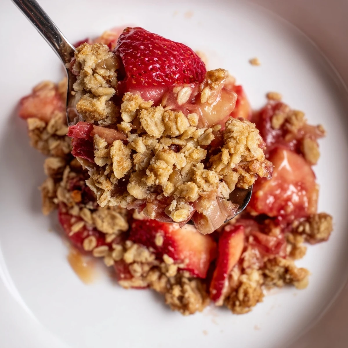 Warm Strawberry Rhubarb Crisp Recipe bubbling in dish, golden oat topping  